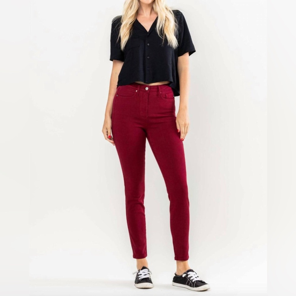Judy Blue Tummy Control Burgundy Skinny Jeans Size 16 / 13x31 Stretch High Rise